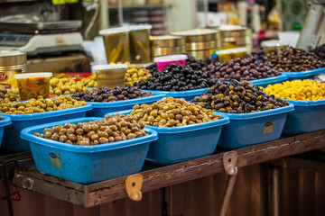 Assortment of olives on market,Tel Aviv,Israel