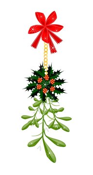 Green Mistletoe and Christmas Holly with A Red Bow