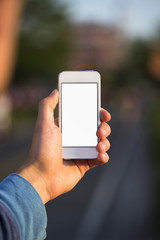 Person using mobile smart phone in the park.