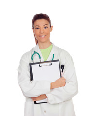 Young doctor woman smiling with clipboard