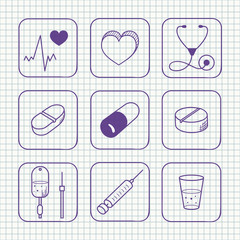 Sketches simple medical icons set