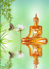 bouddha doré, lotus et bambou