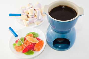 chocolate fondue, a souffle and pineapples