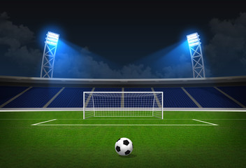 Soccer stadium, soccer ball on green stadium, arena in night ill