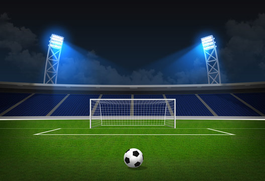 Soccer stadium, soccer ball on green stadium, arena in night ill
