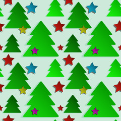 Christmas seamless background with green trees and colored stars