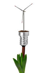 Bulb with wind turbine on plant - green energy concept
