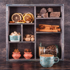 Espresso cup and box with a variety of spices