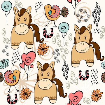 babies hand draw seamless pattern with horse