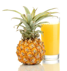 Ripe pineapple and juice glass isolated on white