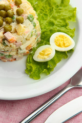 Russian traditional salad Olivier, close-up