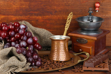 Coffee grinder, turk and coffee beans