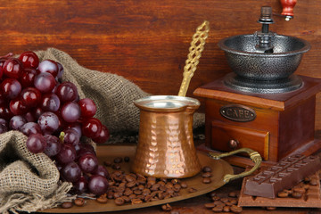 Coffee grinder, turk and coffee beans