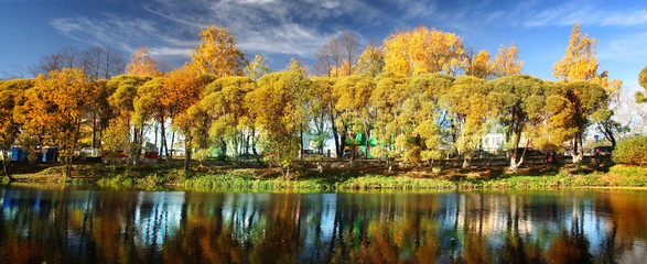 Pond in autumn, yellow leaves, reflection
