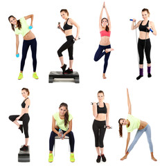 Young woman exercising collage isolated on white