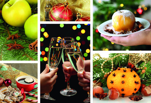 Christmas collage with tasty food, drinks and  decorations