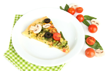 Slice of tasty vegetarian pizza and vegetables