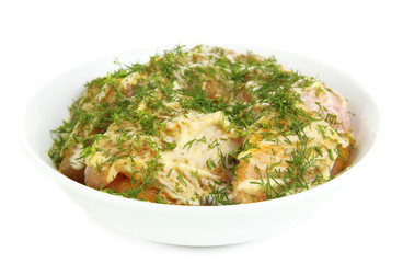 Turkey meat with spices in bowl isolated on white
