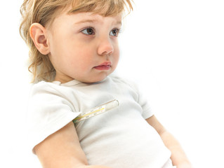 Little ill kid with mercurial thermometer