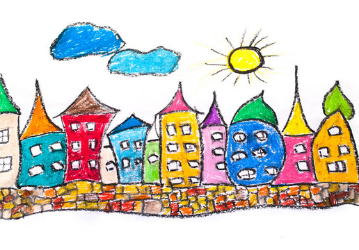 Pastel sketch of colorful town