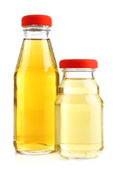 Baby food (juices) in glass jars, isolated on white