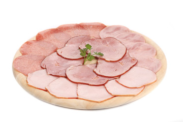 Chopped bacon and meat on plate.