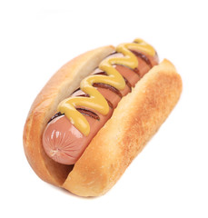 Close up of hot dog with mustard.