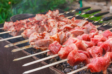 Shish Kebab In Process Of Cooking On Open Fire Outdoors
