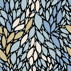 Blue and beige leaves on black nature seamless pattern, vector