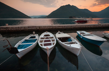 Fishing boats float moored in Perast. Montenegro