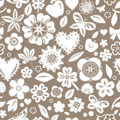 White flowers butterflies and hearts on grey seamless pattern