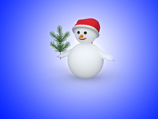 3D snowman with Santa Claus hat and pine branch