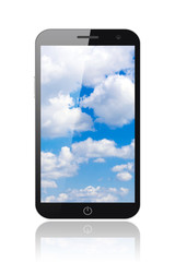 Smart phone with blue sky on white background.