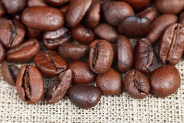 roasted coffee beans on sackcloth