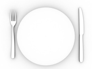 Empty plate, knife and fork, cutlery in 3-d visualization