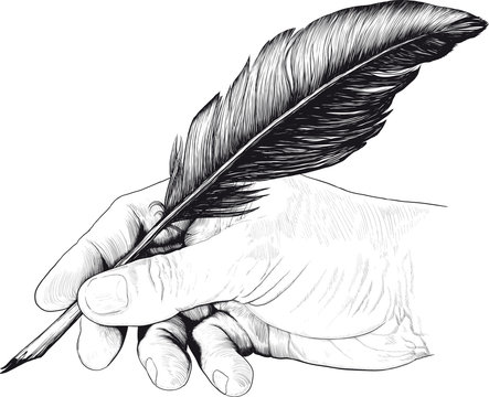 drawing of hand with a feather pen in style of an engraving