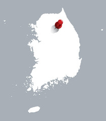 white map of South Korea with red push pin