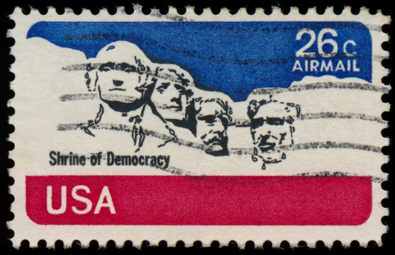 USA-CIRCA 1974 : a stamp printed in USA, identifying Mount Rushm