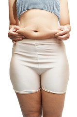 Woman's measuring belly fat