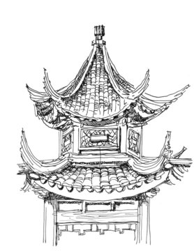 Chinese Temple Drawing In Black  And White