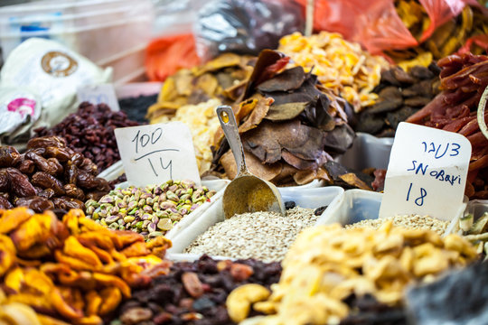 Dried fruits on display at a market