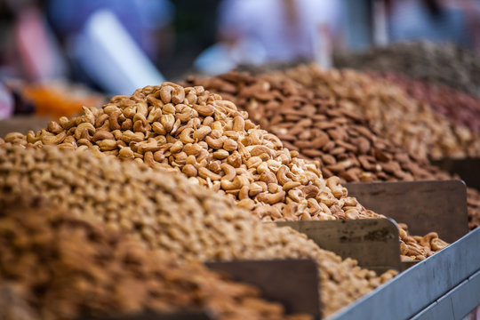 Assortment of nuts and almonds on market stand in Israel