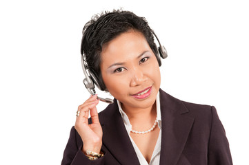 Friendly beautiful asian women with headphone at the hotline