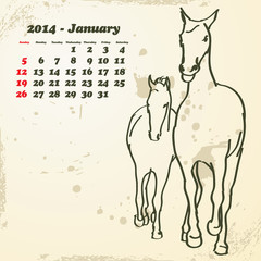 January 2014 hand drawn horse calendar