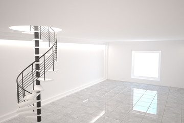 Digitally generated room with winding stairs