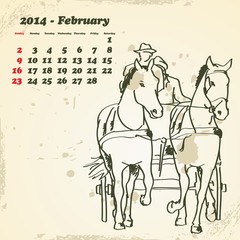 Fototapeta na wymiar February 2014 hand drawn horse calendar