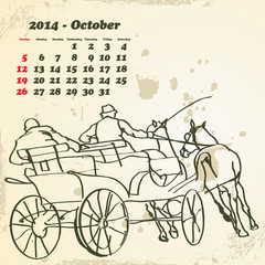 Fototapeta na wymiar October 2014 hand drawn horse calendar