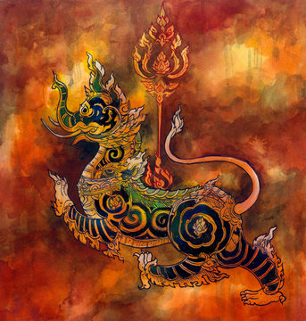 Thai Mythology Lion Sigha Painting