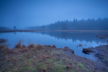 wild lake in dense autumn fog