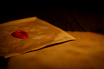 Closeup view of old envelope with wax seal stamp
